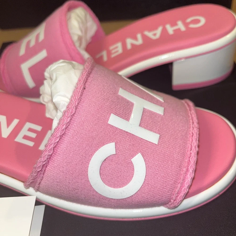 CHANEL Pink and White Logo Slide Sandals